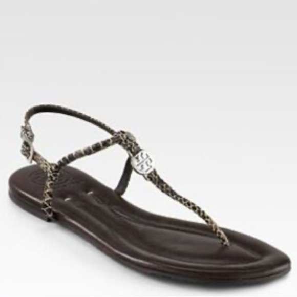 TORY BURCH T Strap Leather Sandal Shoe Emmy Animal Print Snakeskin, sz 8 - Picture 1 of 10